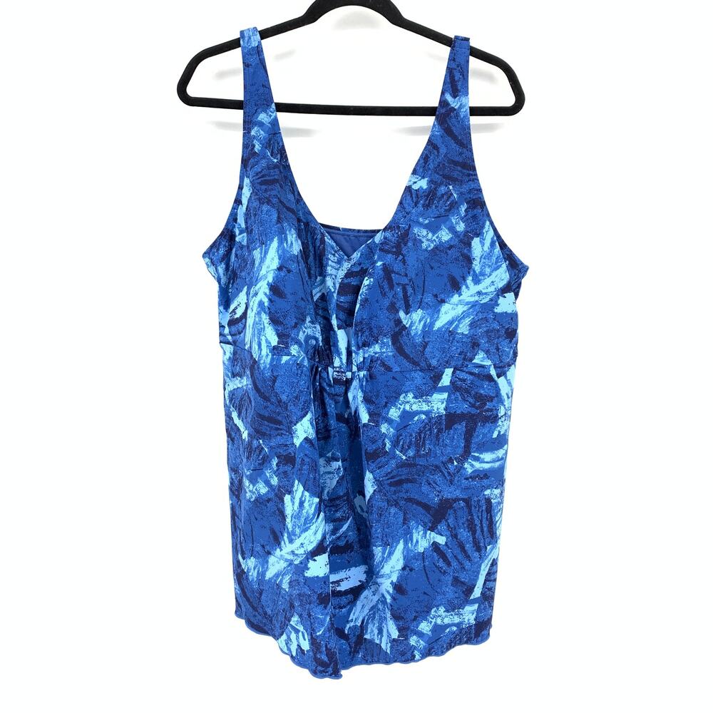 L.L.Bean Tankini Swim Top Womens Size 26W V-Neck Blue Multi Foliage Leaf Print